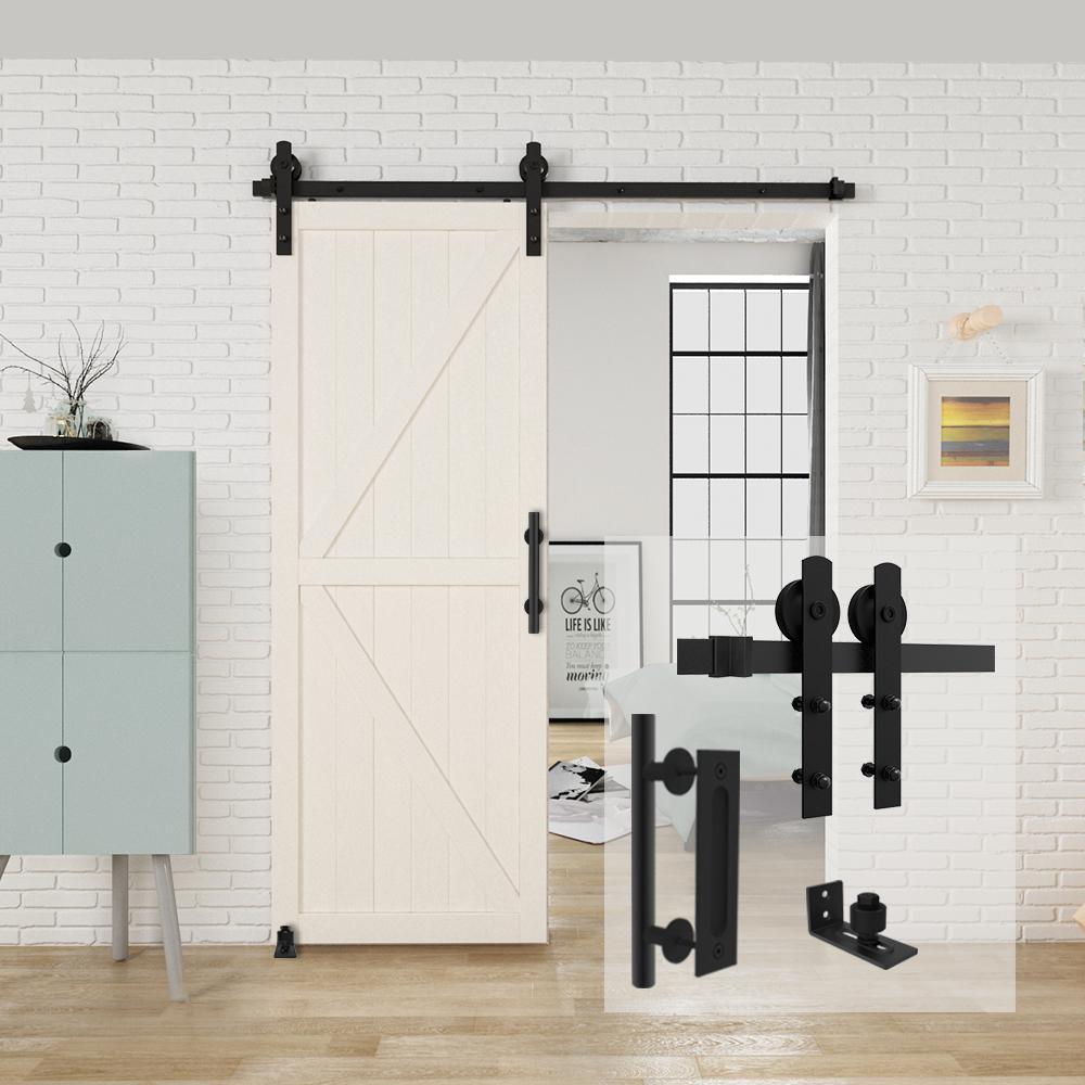 5 ft./60 in. Black Steel Straight Strap Sliding Barn Door Track and Hardware Kit with 12 in. Square Handle & Floor Guide - Super Arbor