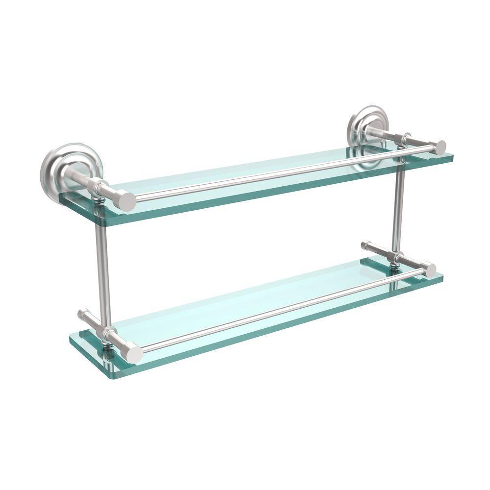 Que New 22 in. L x 8 in. H x 5 in. W 2-Tier Clear Glass Bathroom Shelf with Gallery Rail in Satin Nickel - Super Arbor