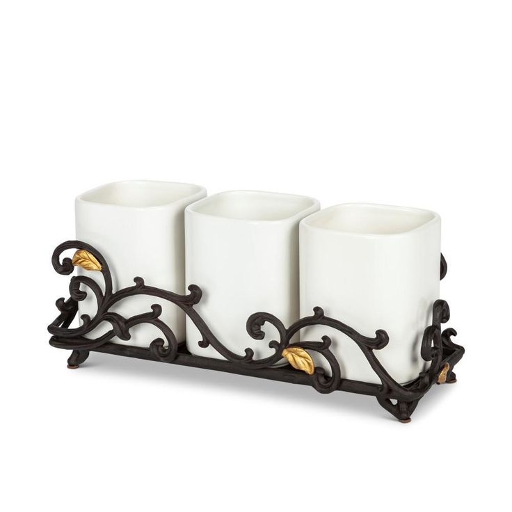 Gold Leaf Ceramic 3-vase Flatware Caddy with Espresso Brown Vines and Gold Leaf Accented Base