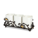 Gold Leaf Ceramic 3-vase Flatware Caddy with Espresso Brown Vines and Gold Leaf Accented Base