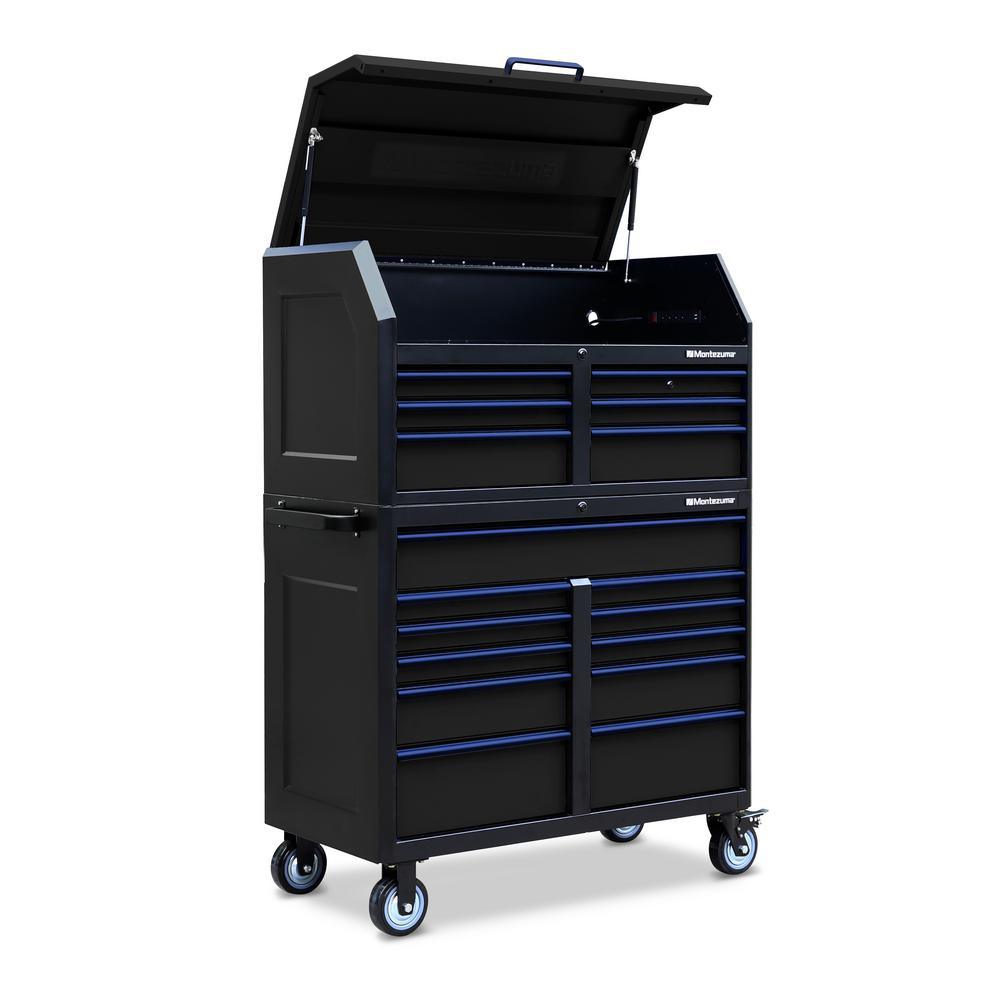 24 in. x 46 in. 17-Drawer Tool Chest and Cabinet Combo with Power and USB Outlets in Black and Blue - Super Arbor
