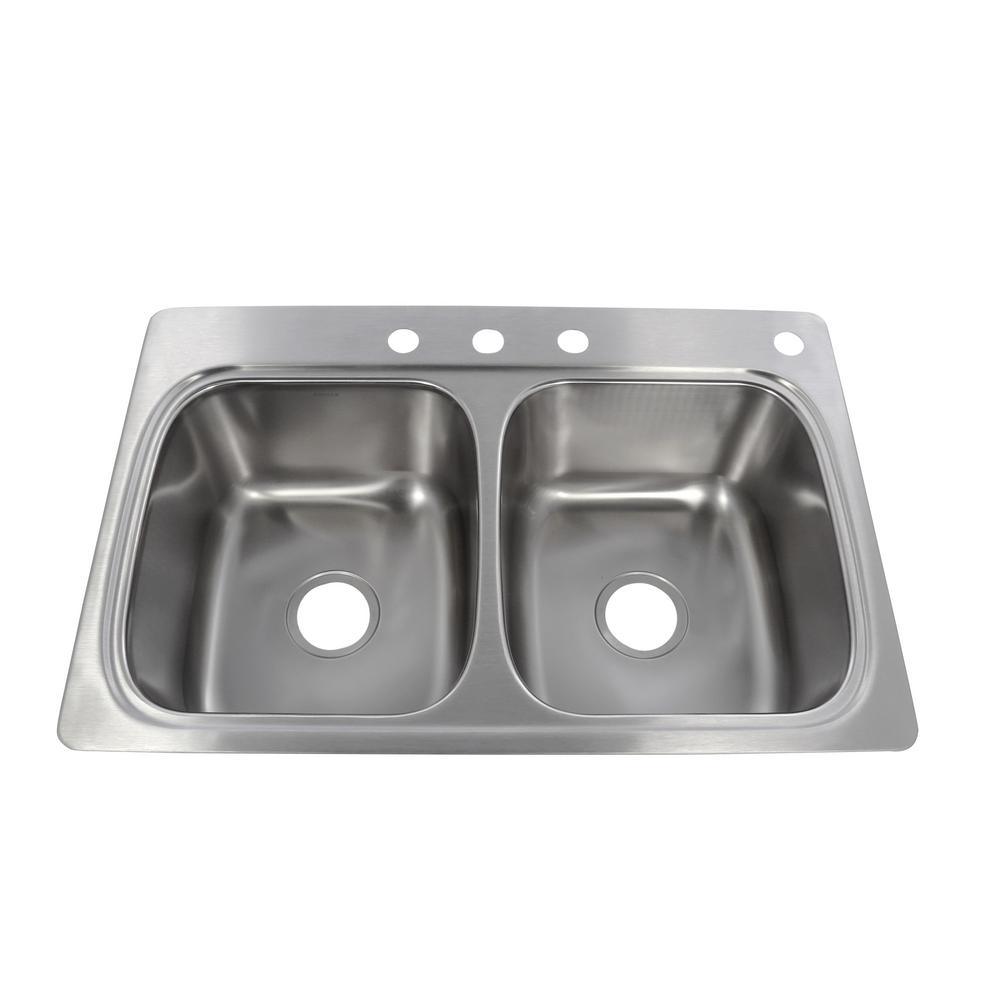 Verse Drop-In Stainless Steel 33 in. 4-Hole Double Bowl Kitchen Sink - Super Arbor