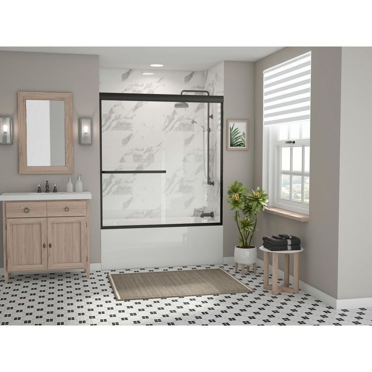 Paragon 3/16 B Series 64 in. x 57 in. Semi-Framed Sliding Tub Door with Towel Bar in Brushed Nickel and Clear Glass