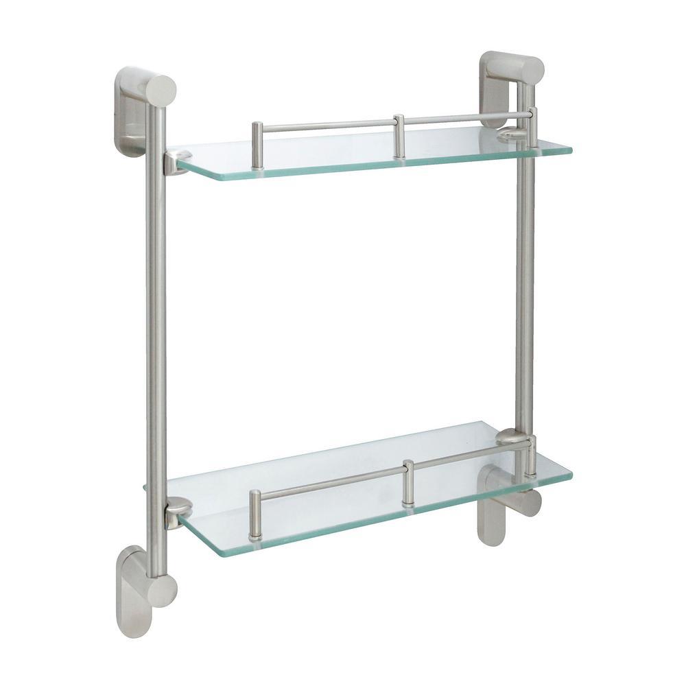 Oval 14.75 in. W Double Glass Wall Shelf with Pre-Installed Rails in Satin Nickel - Super Arbor