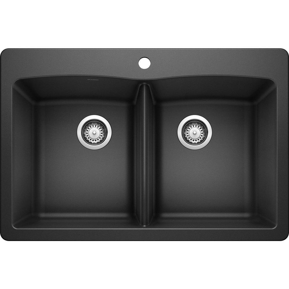DIAMOND Dual Mount Granite Composite 33 in. 1-Hole 50/50 Double Bowl Kitchen Sink in White - Super Arbor