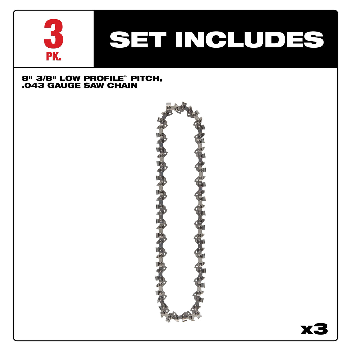 Milwaukee 8 in. Chainsaw Chain, 3-Pack — 3/8 in. Low Profile Pitch, .043 in. Gauge, 33 DL (49-16-2817)