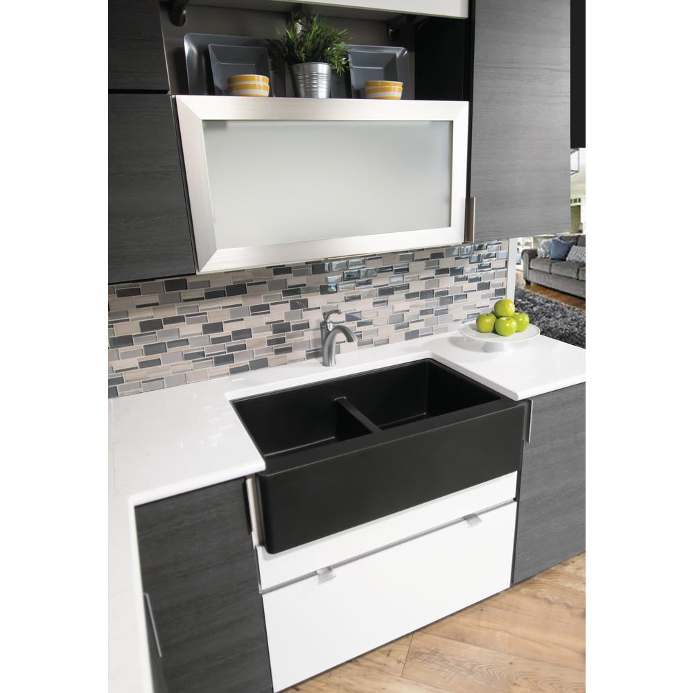 Farmhouse Apron Front Quartz Composite 34 in. Double Bowl Kitchen Sink in Black - Super Arbor