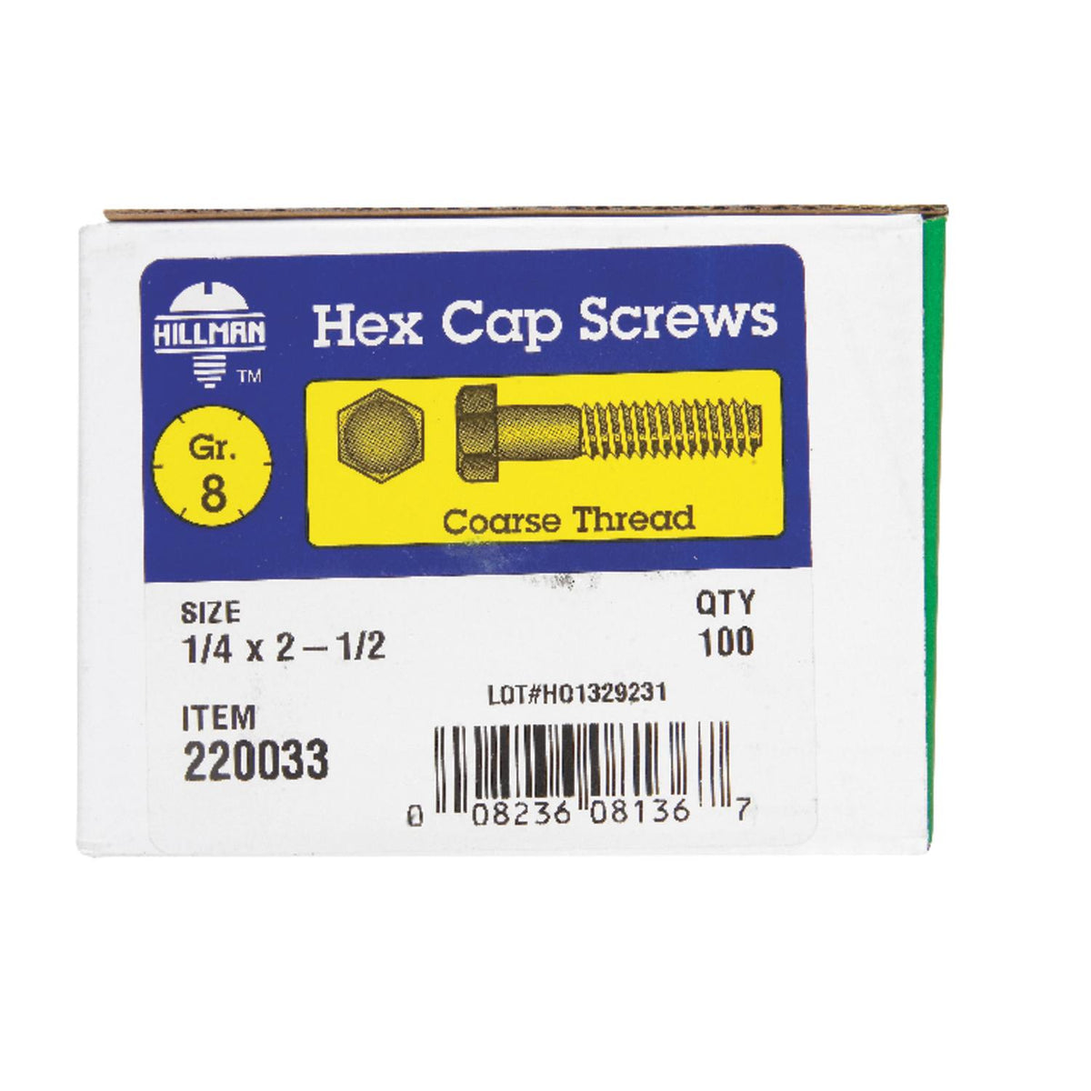 Hillman 1/4 in. x 2-1/2 in. Grade 8 Heat-Treated Steel Hex Head Cap Screws, Coarse Thread (100-Pack)