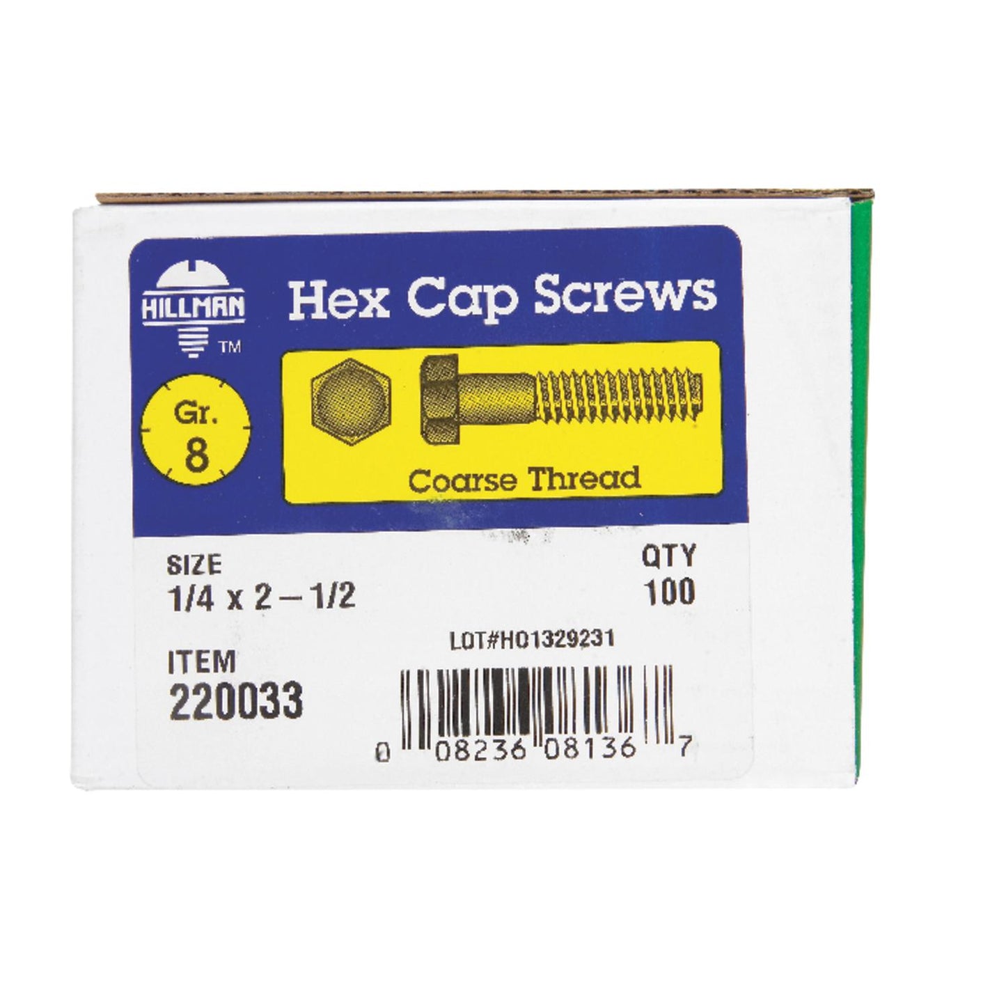 Hillman 1/4 in. x 2-1/2 in. Grade 8 Heat-Treated Steel Hex Head Cap Screws, Coarse Thread (100-Pack)