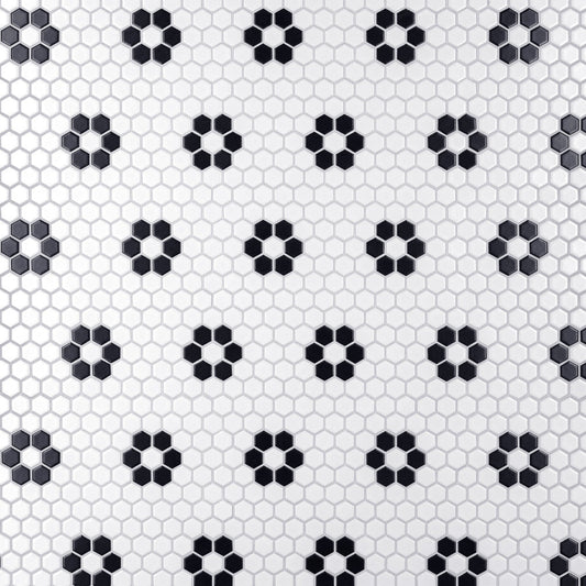 Merola Tile Metro Hex Matte White with Flower Porcelain Mosaic Tile, 10-1/4 in. x 11-7/8 in., 6mm (8.56 sq. ft./Case)