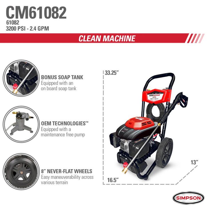 Simpson Clean Machine by SIMPSON CM61082 3200 PSI at 2.4 GPM 196cc Cold Water Residential Gas Pressure Washer