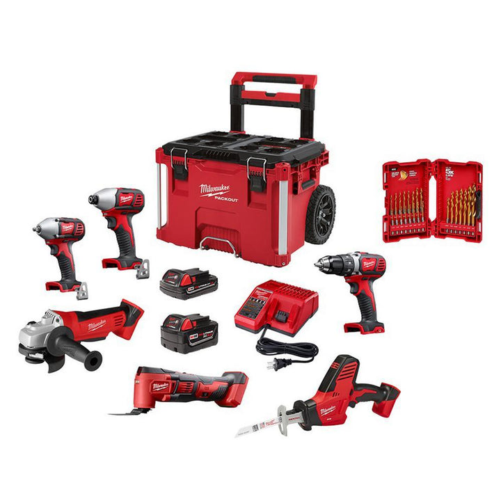 M18 18-Volt Lithium-Ion Cordless Combo Tool Kit (6-Tool) with PACKOUT Rolling Tool Box and Drill Bit Set (23-Piece) - Super Arbor