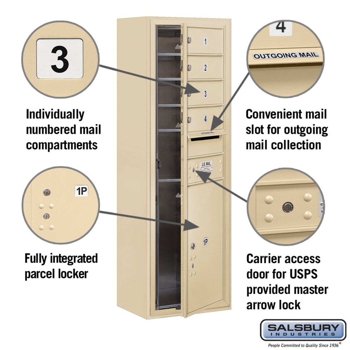 Salsbury Industries 11-Door High Surface-Mounted 4C Horizontal Mailbox with Parcel Locker, Sandstone