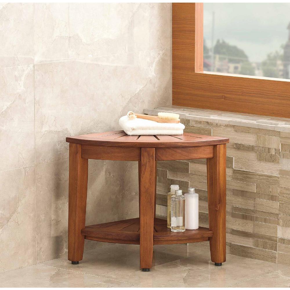 The Original 15.5 in. Kai Corner Teak Shower Bench with Shelf - Super Arbor