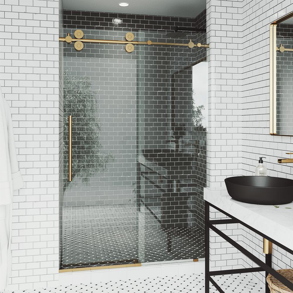 Elan 48 to 52 in. x 74 in. Frameless Sliding Shower Door in Stainless Steel with Clear Glass and Handle - Super Arbor