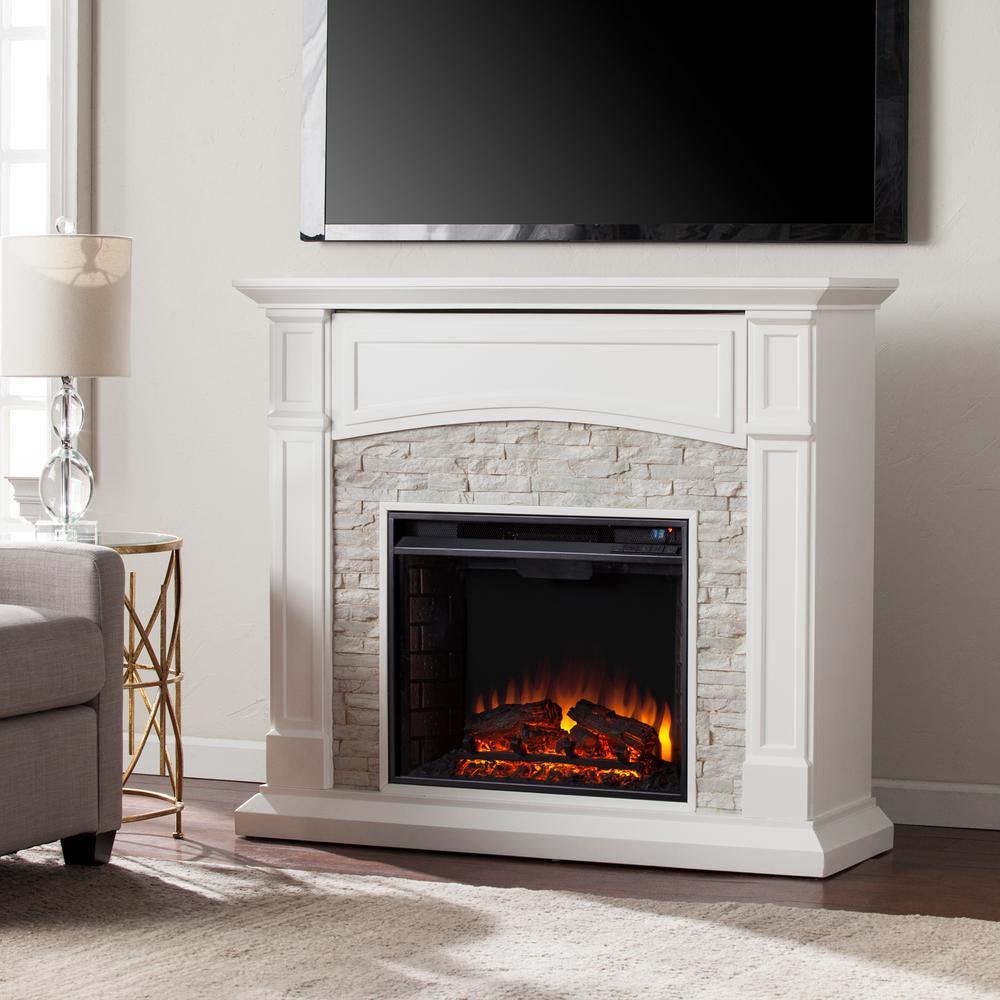 Conway 45.75 in. Electric Fireplace TV Stand in White with White Faux Stone - Super Arbor