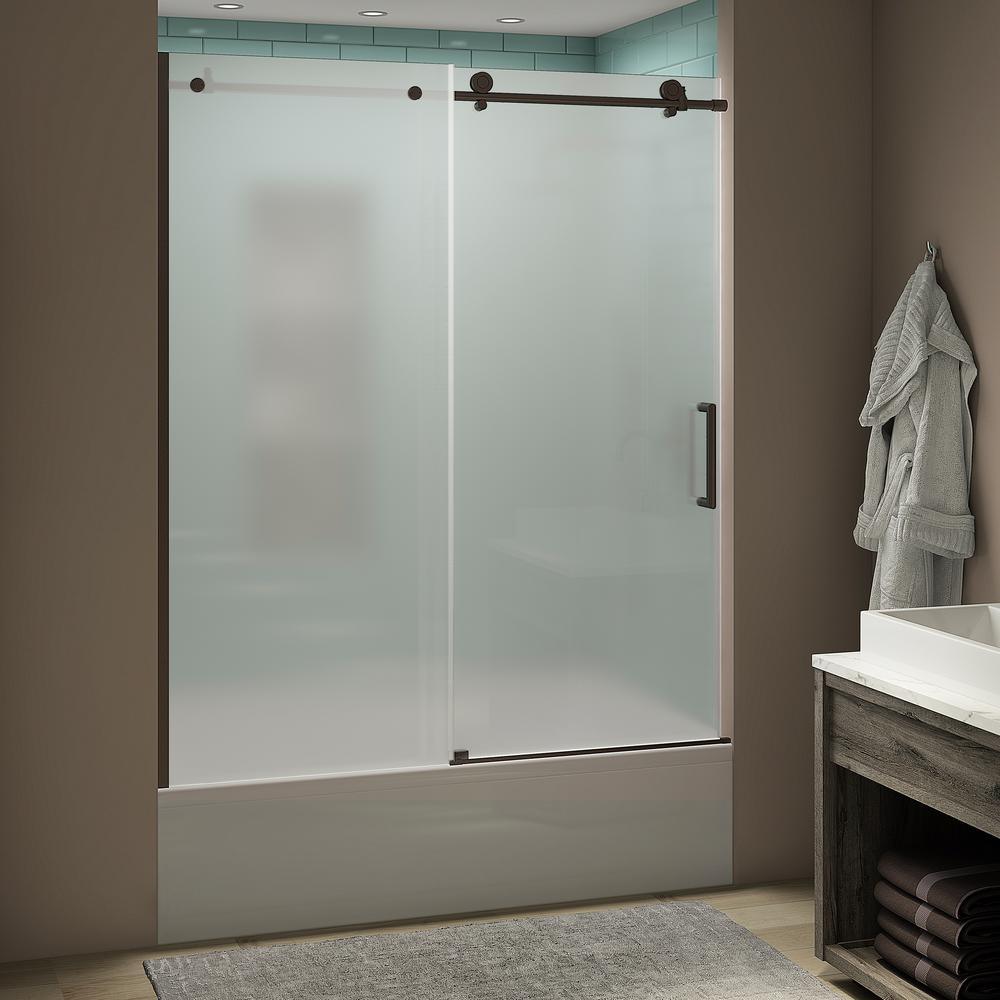 Coraline XL 56 - 60 in. x 70 in. Frameless Sliding Tub Door with StarCast Clear Glass in Stainless Steel, Left Opening - Super Arbor