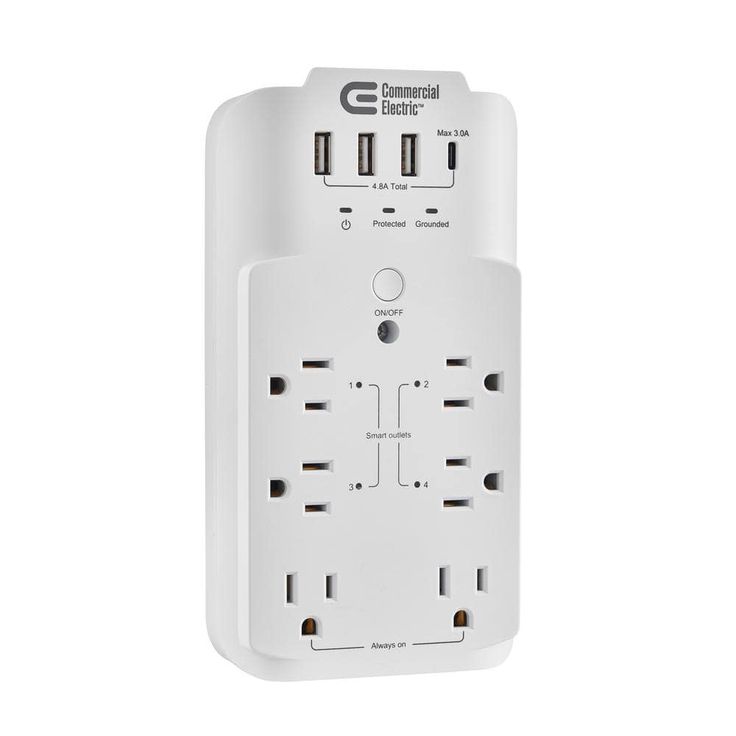 Commercial Electric 6-Outlet Smart Surge Protector with 4 USB Ports, White, Powered by Hubspace