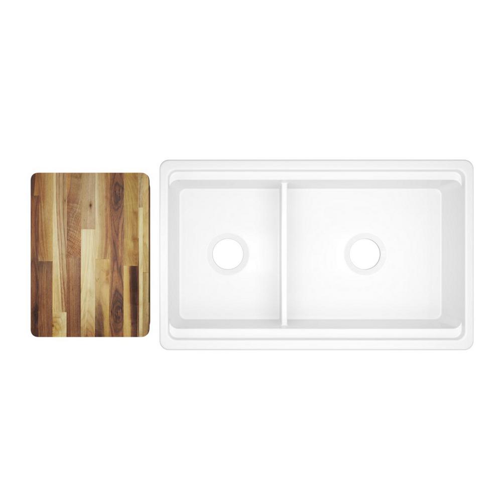Farmhouse Apron Front Fireclay 33 in. Double Bowl Kitchen Sink in White with Aqua Divide - Super Arbor