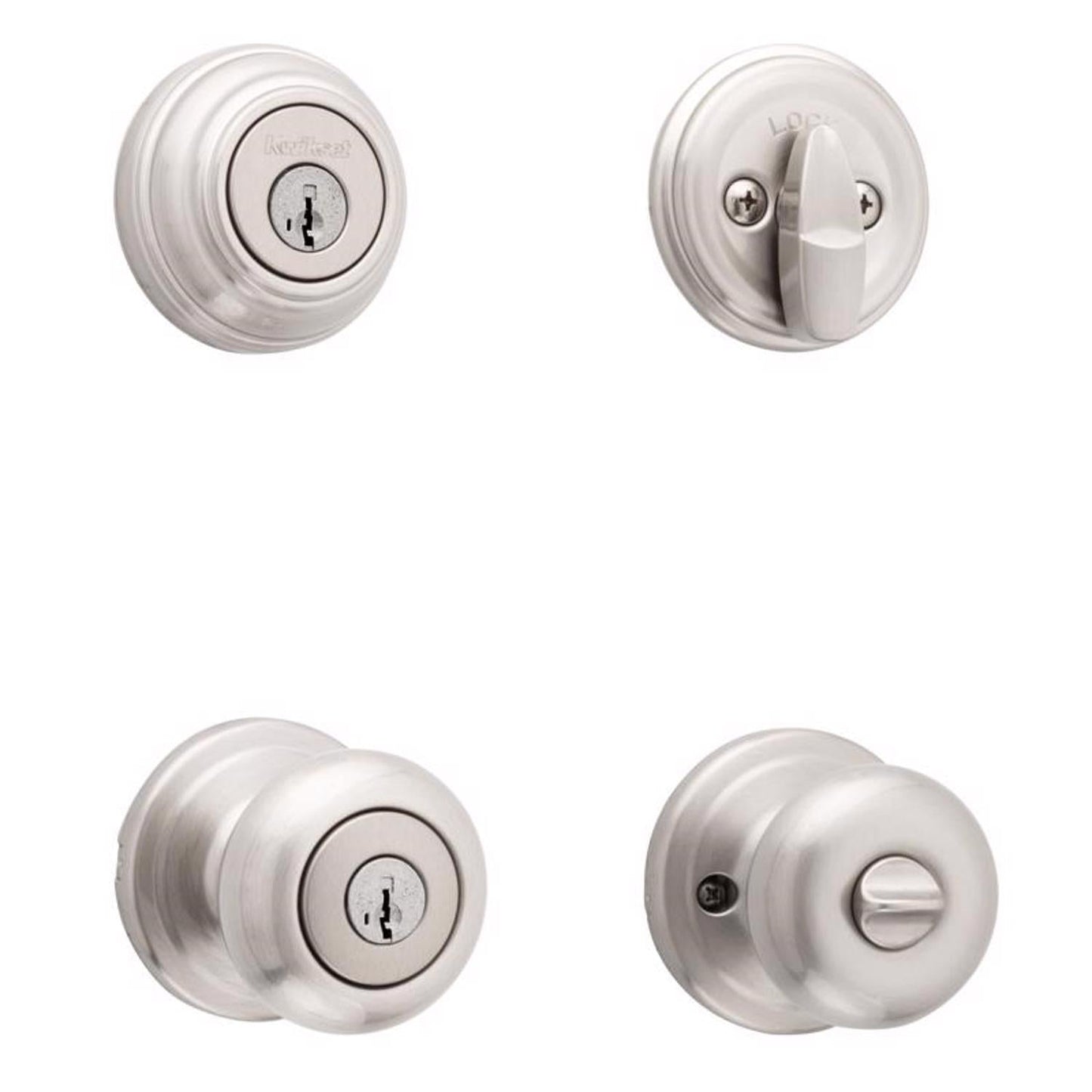 Kwikset SmartKey Juno Satin Nickel Knob and Single Cylinder Deadbolt, ANSI/BHMA Grade 2, KW1, 1-3/4 in.