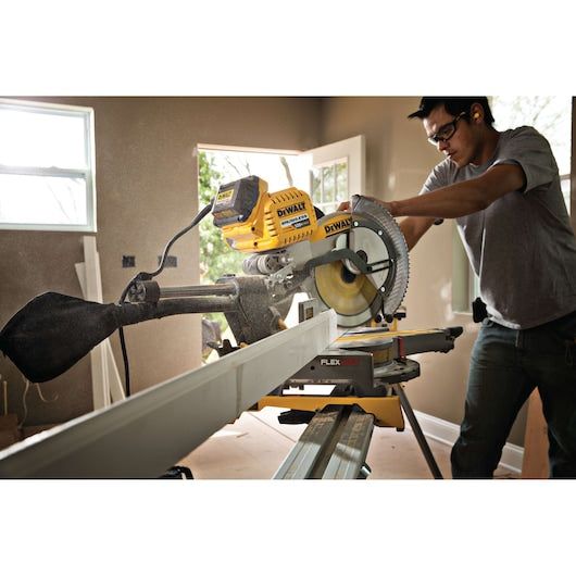 FLEXVOLT 120-Volt MAX Lithium-Ion Cordless Brushless 12 in. Sliding Miter Saw w/ (2) Batteries 2Ah and Bonus Radio