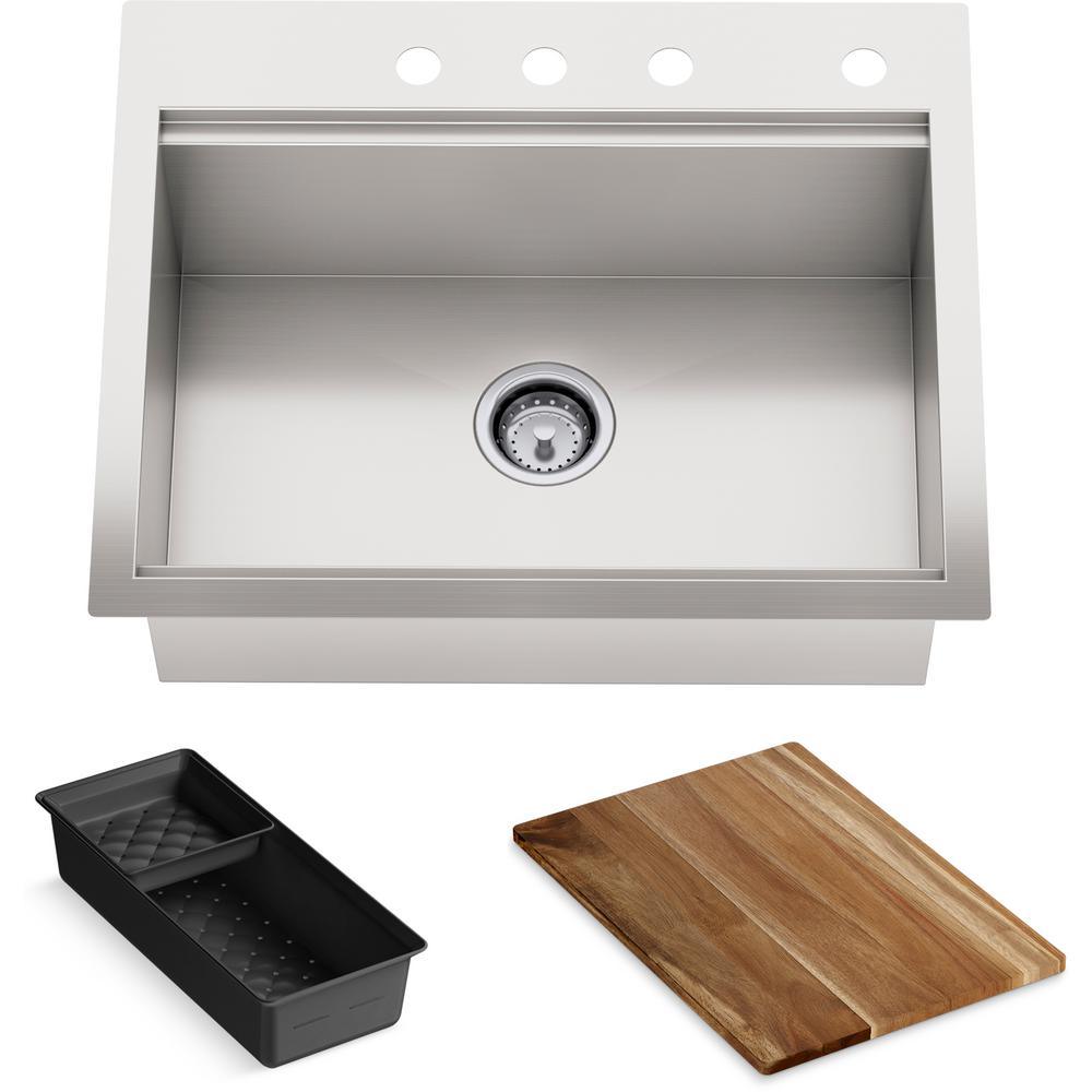 Lyric Dual Mount Workstation Stainless Steel 33 in 4-Hole Single Bowl Kitchen Sink with Integrated Ledge and Accessories - Super Arbor