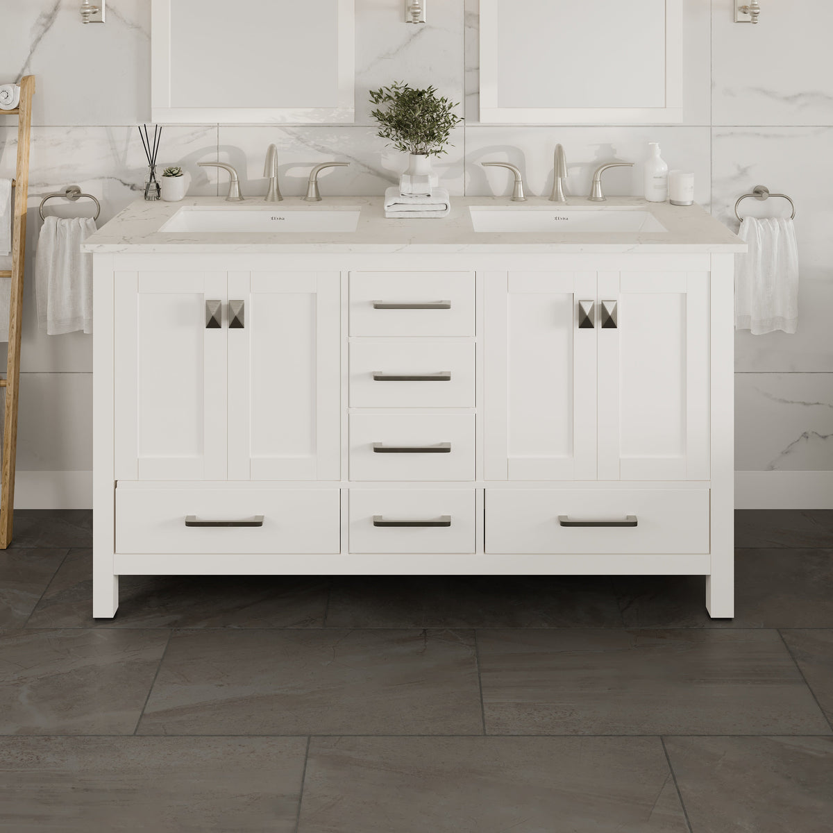 Eviva Aberdeen 60 in. W x 22 in. D x 34 in. H Double Sink Freestanding Bath Vanity in Blue with White Carrara Marble Top
