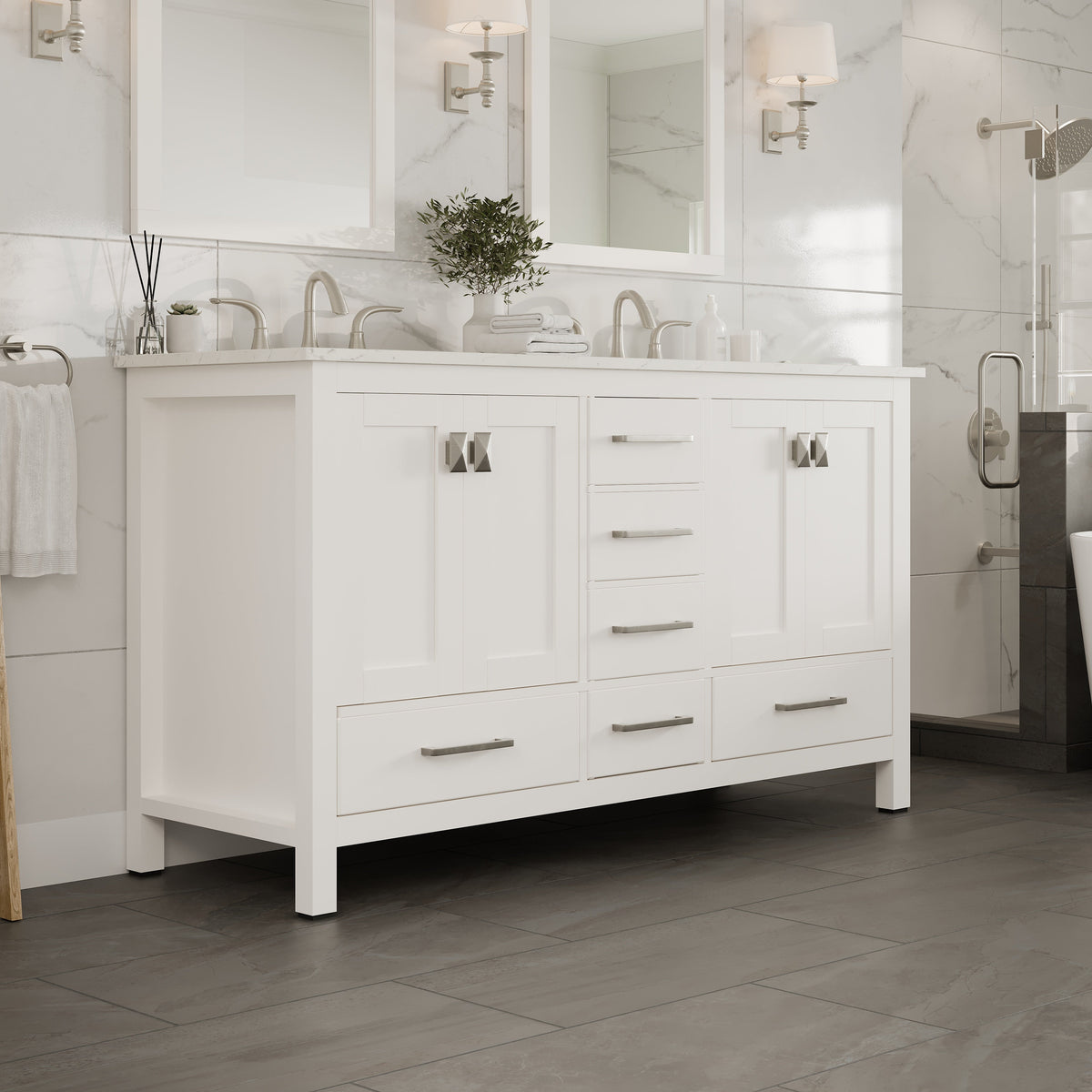 Eviva Aberdeen 60 in. W x 22 in. D x 34 in. H Double Sink Freestanding Bath Vanity in Blue with White Carrara Marble Top