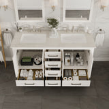 Eviva Aberdeen 60 in. W x 22 in. D x 34 in. H Double Sink Freestanding Bath Vanity in Blue with White Carrara Marble Top