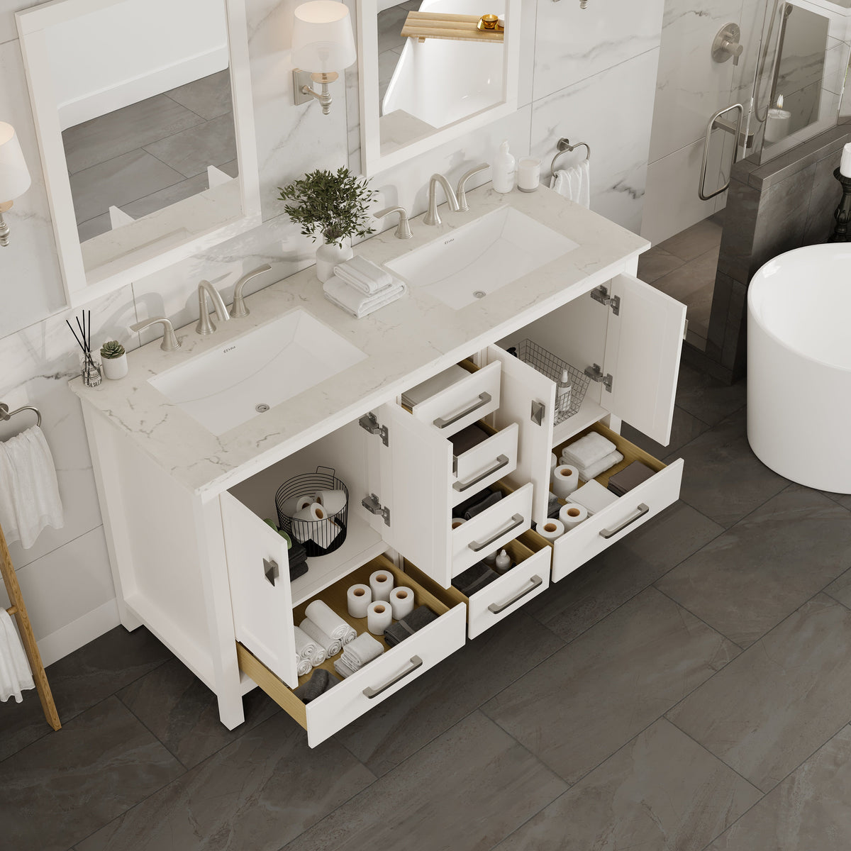Eviva Aberdeen 60 in. W x 22 in. D x 35 in. H Double Bath Vanity in Gray with White Carrara Marble Top with White Sinks