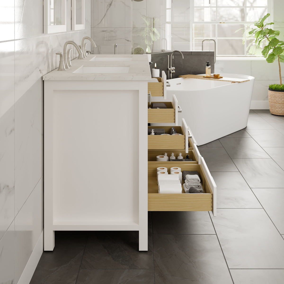 Eviva Aberdeen 60 in. W x 22 in. D x 35 in. H Double Bath Vanity in Gray with White Carrara Marble Top with White Sinks
