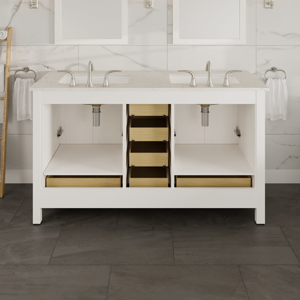 Eviva Aberdeen 60 in. W x 22 in. D x 34 in. H Double Sink Freestanding Bath Vanity in Blue with White Carrara Marble Top