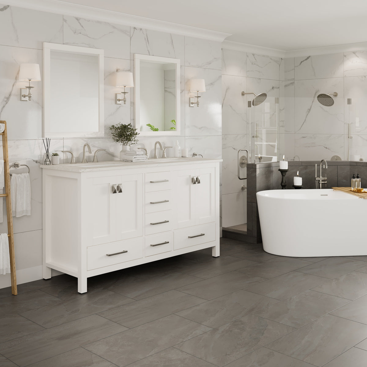 Eviva Aberdeen 60 in. W x 22 in. D x 35 in. H Double Bath Vanity in Gray with White Carrara Marble Top with White Sinks
