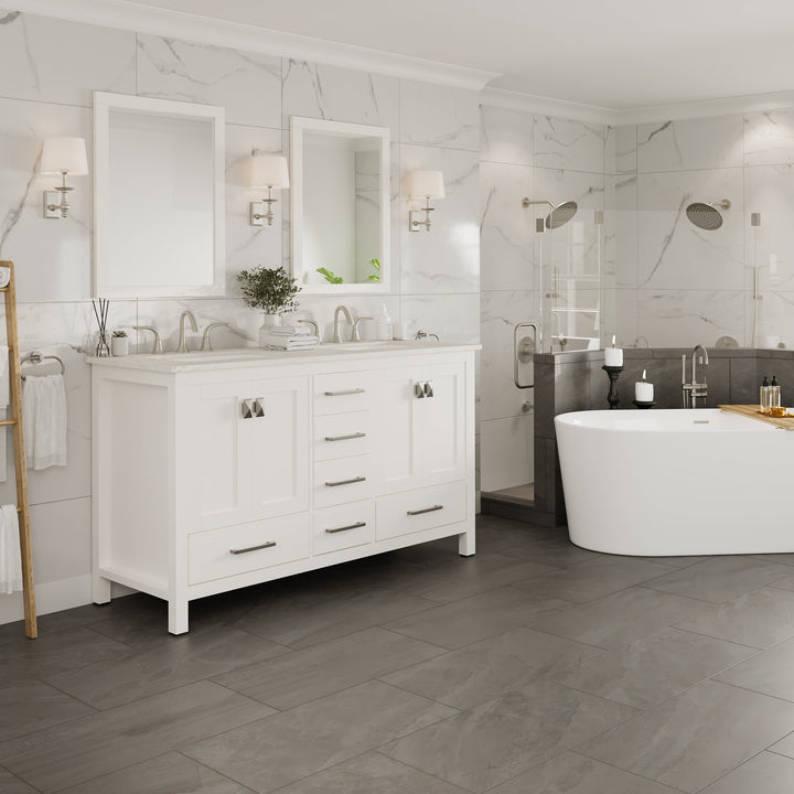 Eviva Aberdeen 60 in. W x 22 in. D x 35 in. H Double Bath Vanity in Gray with White Carrara Marble Top with White Sinks