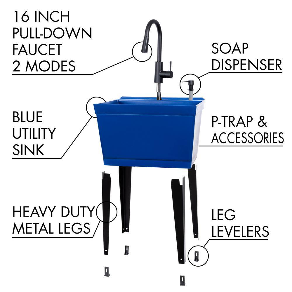 Complete 22.875 in. x 23.5 in. Blue 19 gal. Utility Sink Set with Black Metal Hybrid Faucet and Soap Dispenser - Super Arbor