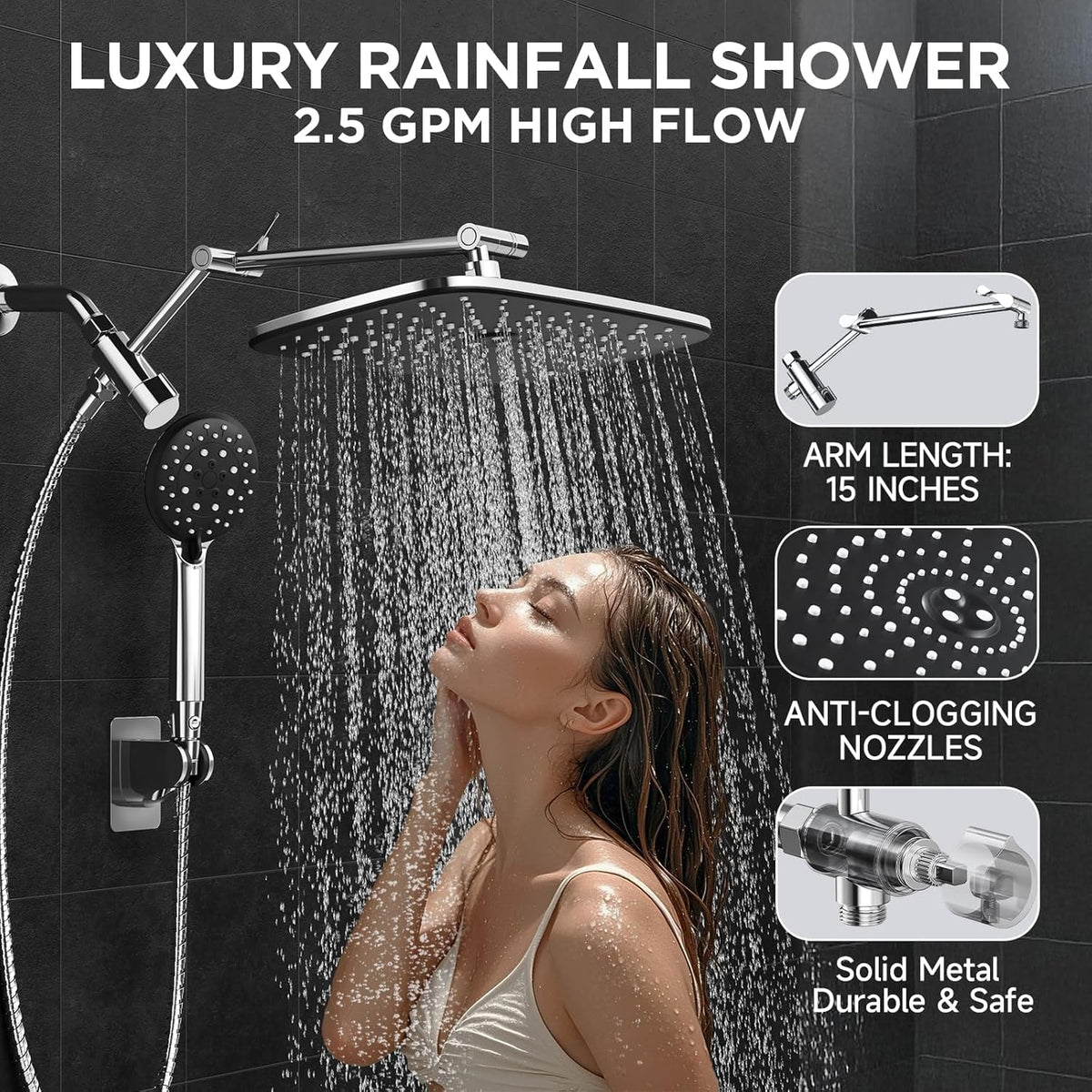 Veken Wide Rain Shower Head with Handheld Spray, High Pressure Combo with Adjustable Arm, Chrome Finish