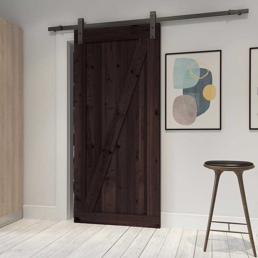 36 in. x 84 in. Canadian Hemlock Distressed Smoke Sliding Barn Door with Hardware Kit - Super Arbor