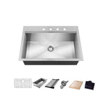 All-in-One Drop-In Stainless Steel 27 in. 4-Hole Single Bowl Kitchen Workstation Sink with Accessories Kit - Super Arbor