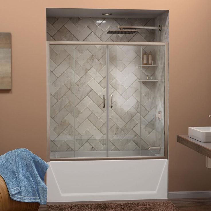 Visions 56-60 in. W x 0 in. D x 58 in. H Semi-Frameless Sliding Tub Door in Brushed Nickel