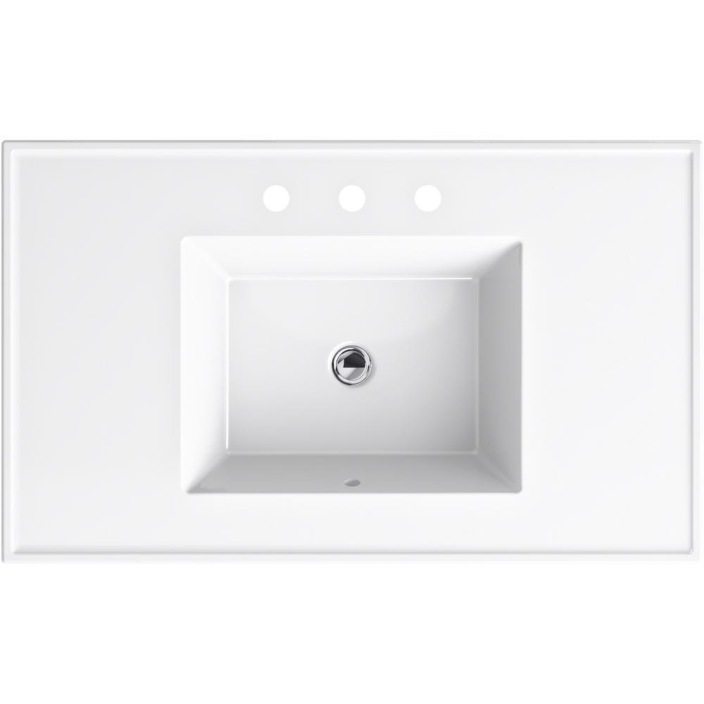 Ceramic/Impressions 37 in. W. Rectangular Vanity Top with 8 in. Widespread Faucet Holes in White - Super Arbor