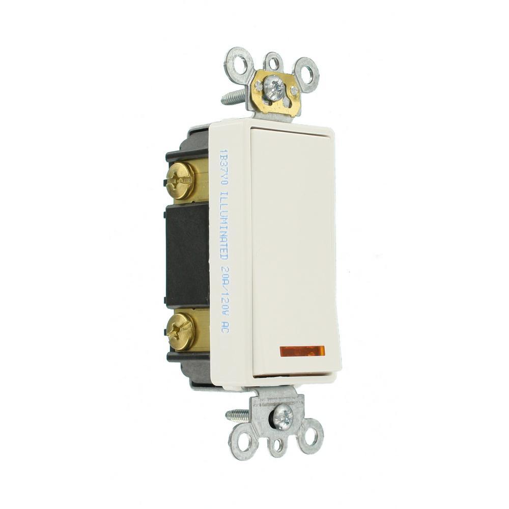 20 Amp Decora Plus Commercial Grade 3-Way Lighted Rocker Switch with Pilot Light, White - Super Arbor