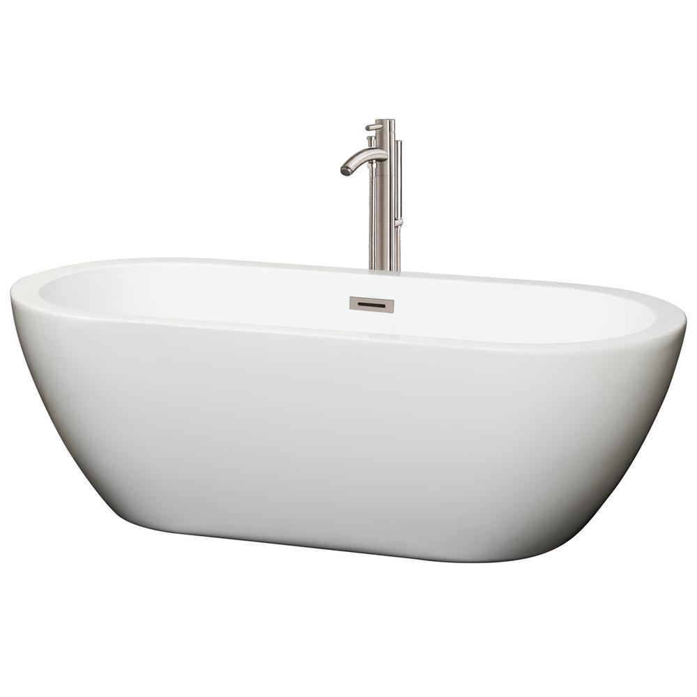 Soho 59.75 in. Acrylic Flatbottom Center Drain Soaking Tub in White with Floor Mounted Faucet in Brushed Nickel - Super Arbor