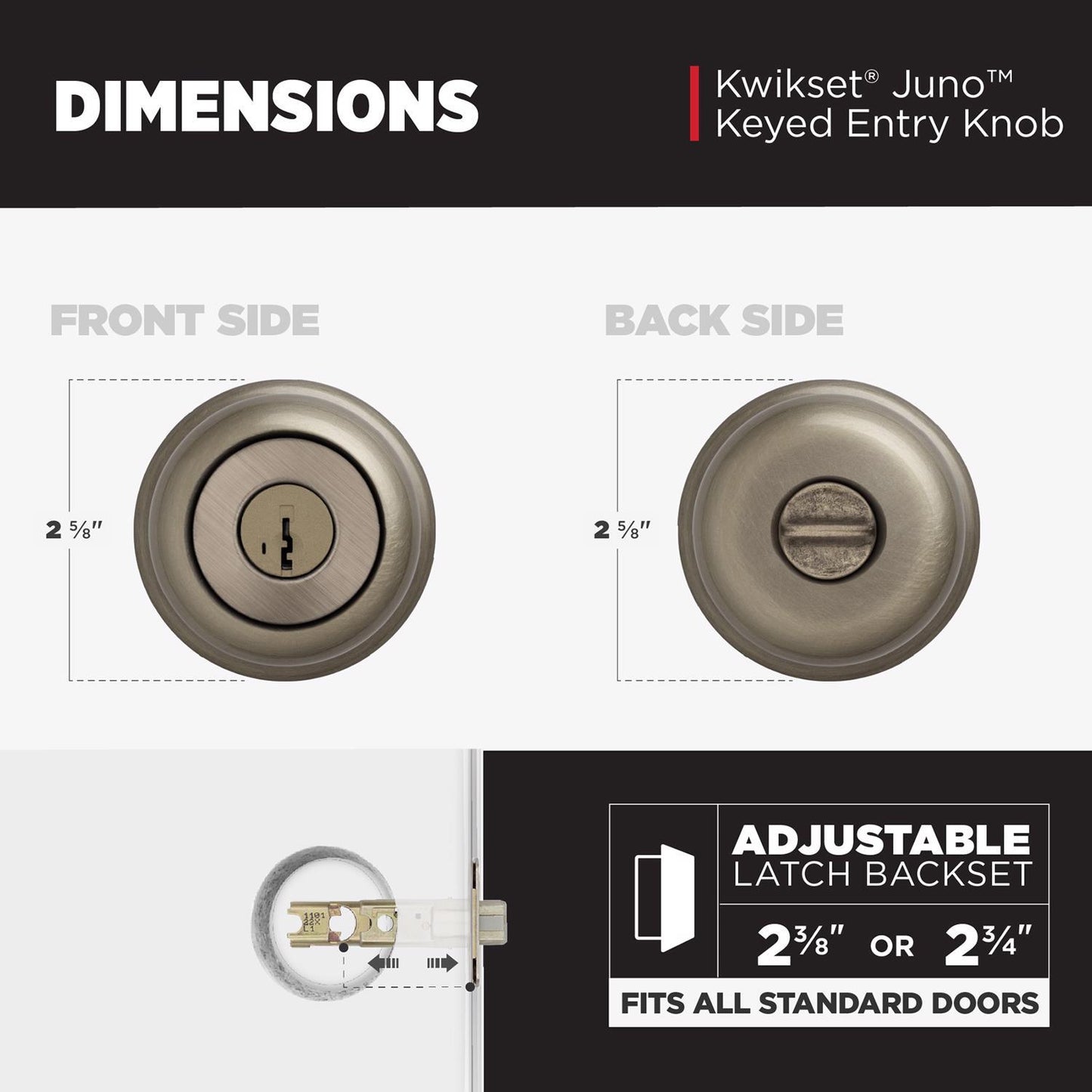 Kwikset SmartKey Juno Antique Brass Keyed Entry Knob, ANSI/BHMA Grade 2, KW1, Fits 1-3/8 to 1-3/4 in Doors