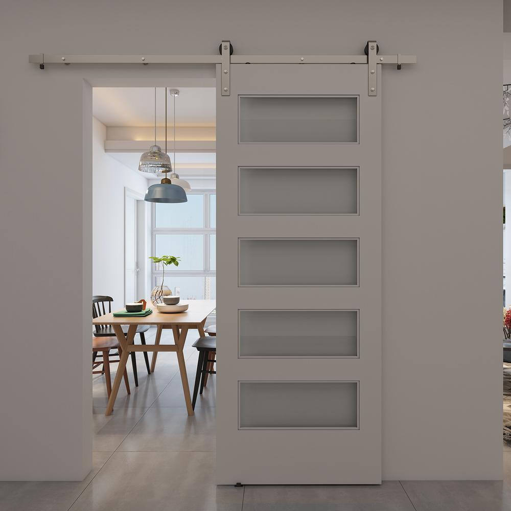 33 in. x 84 in. Unfinished Clear Pine 5-Lite Frosted Interior Barn Door Slab - Super Arbor