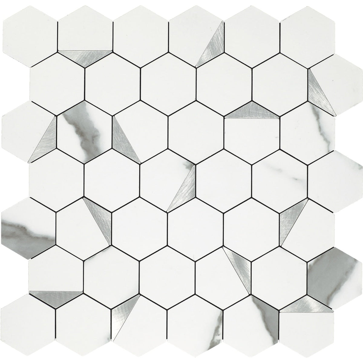 Daltile Smart Stick White And Silver 12-in x 12-in Matte PVC Hexagon Peel and stick Mosaic Wall Tile product image