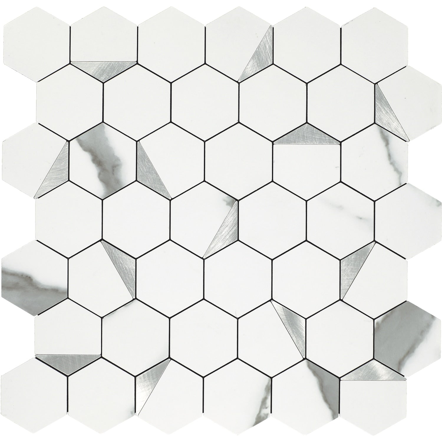 Daltile Smart Stick White And Silver 12-in x 12-in Matte PVC Hexagon Peel and stick Mosaic Wall Tile product image