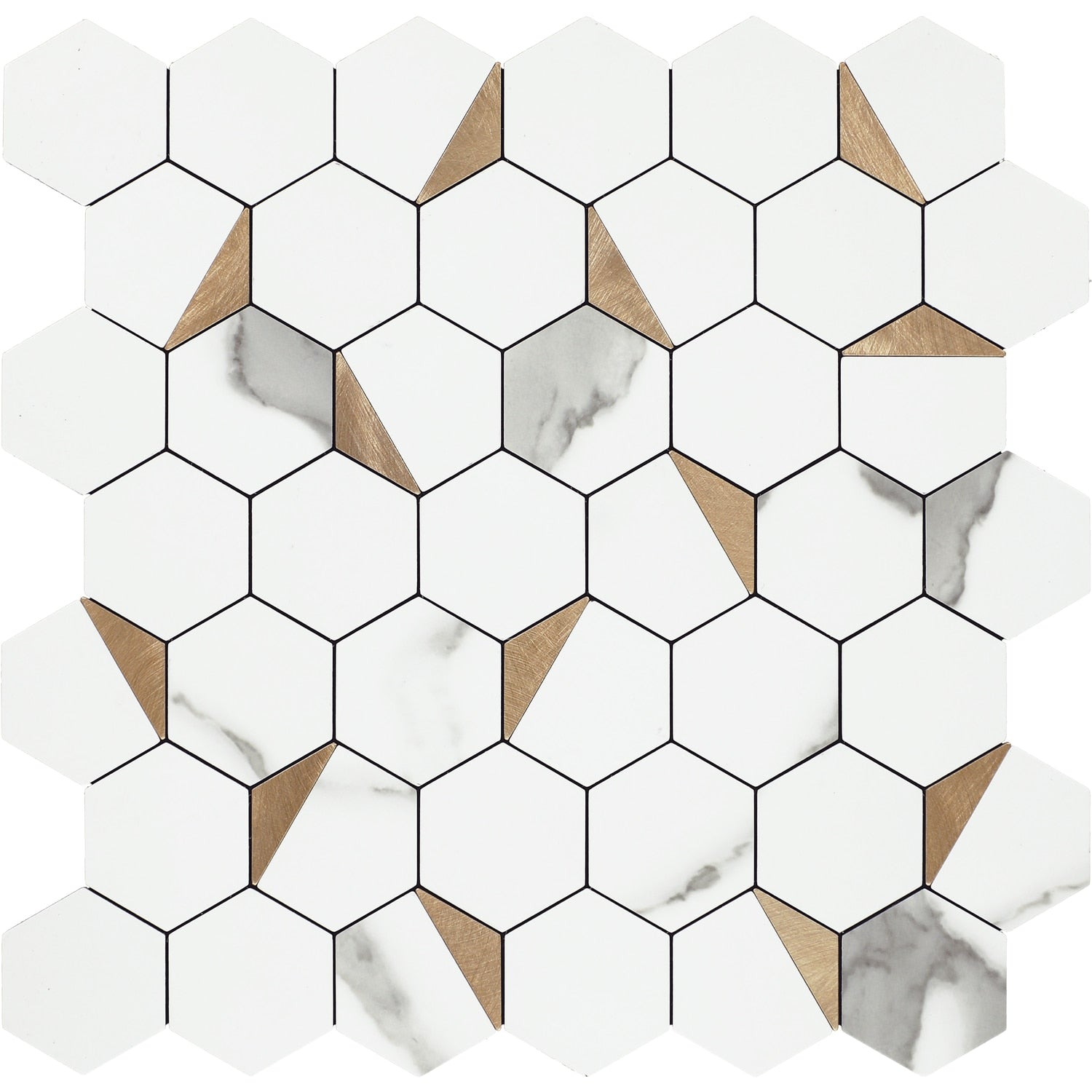Daltile Smart Stick White And Gold 12-in x 12-in Matte PVC Hexagon Peel and stick Mosaic Wall Tile product image
