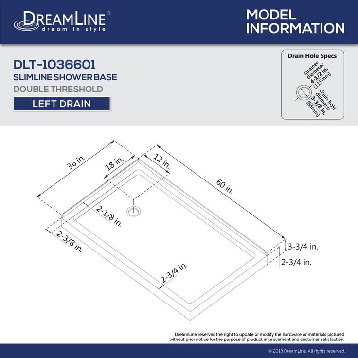 DreamLine SlimLine 36 in. D x 60 in. W Double Threshold Shower Base, Left-Hand Drain, White