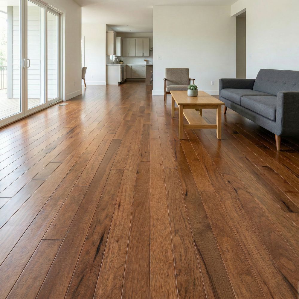 allen + roth Hickory Saddle Character hardwood flooring — installed room view