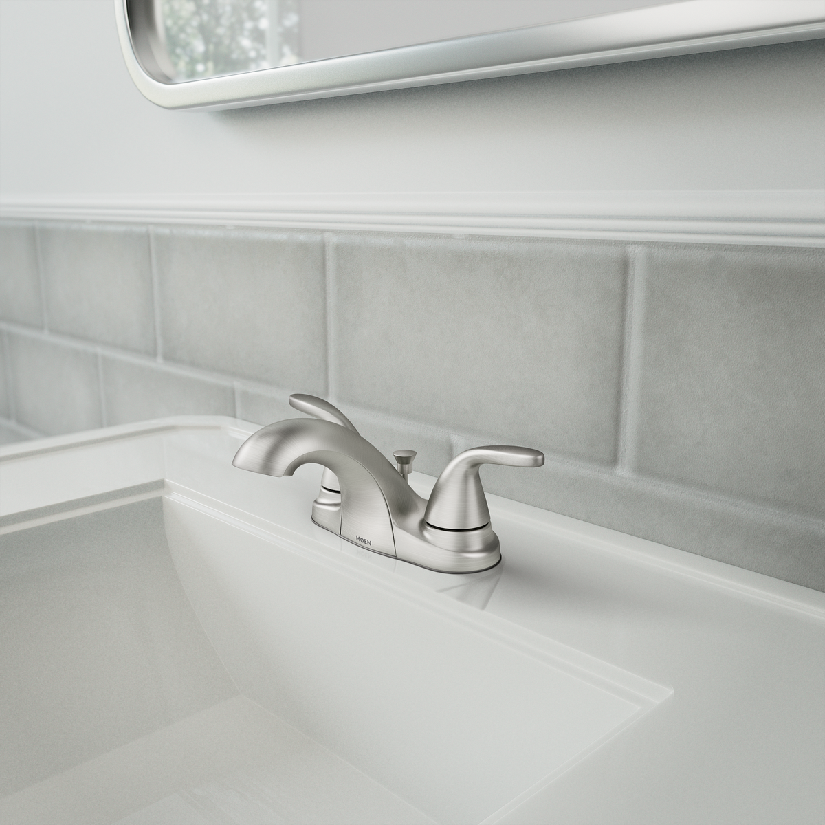 Moen Adler Spot Resist Brushed Nickel 2‑Handle 4-in Centerset WaterSense Bathroom Sink Faucet with Drain
